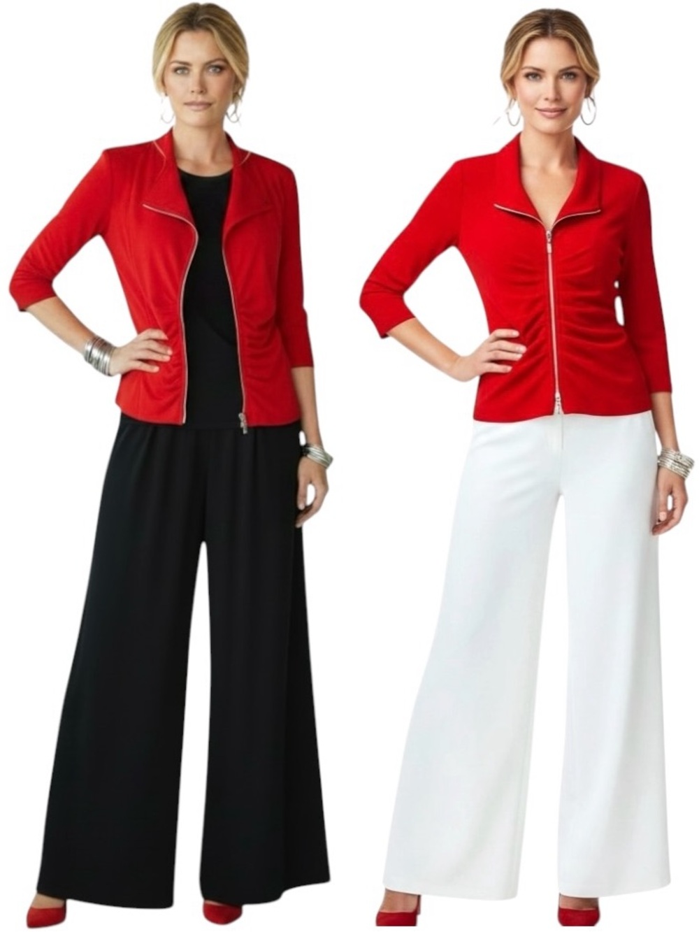 Joseph Ribkoff Jacket Red Front/Ruched 3/4 Sleeve Full Zip Collared Blazer Sz 8